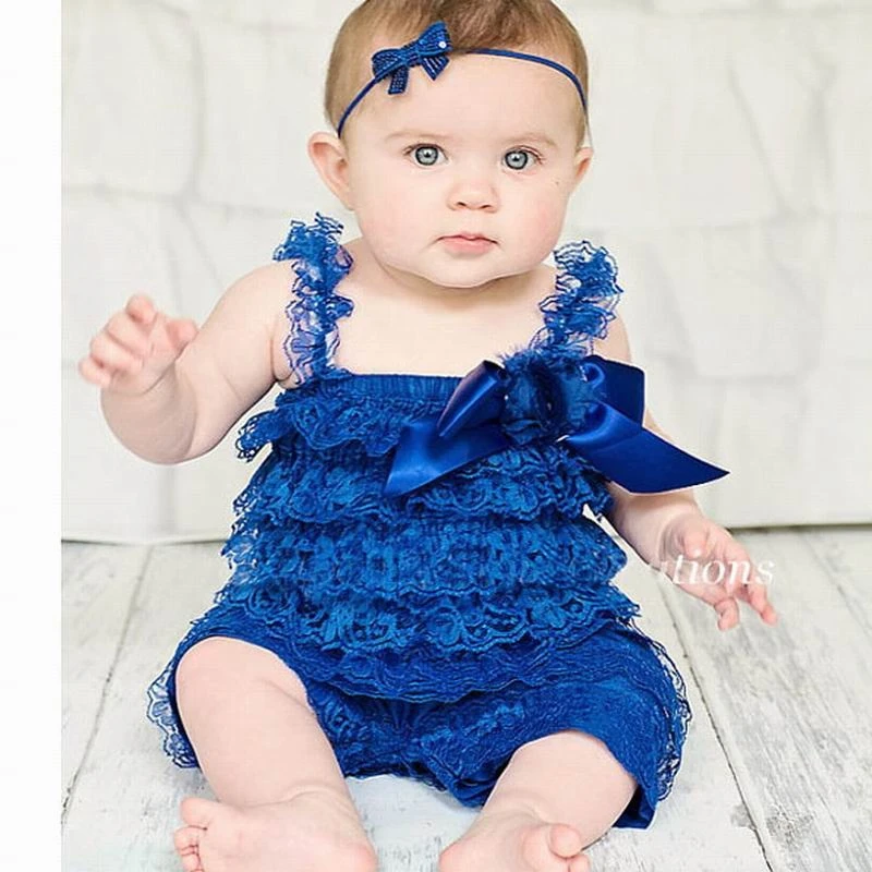 Baby Lace Rompers Infant Lace Romper with Straps Ribbon Bow Kids Jumpsuit Baby Girls Lace Ruffled Petti Romper DS9