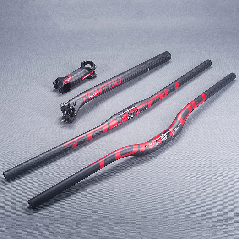 

TOMTOU 3K Carbon Bicycle MTB Bike Flat / Rise Handlebar + Stem + Seat Tube Cycling Mountain Bars Sets Matte Red - TR2T43