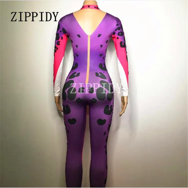 Seksi Ungu Leopard Berlian Imitasi Lengan Panjang Jumpsuit Kinerja Panggung Dj Penyanyi Penari Memakai One-Piece Stretch Pakaian Kostum