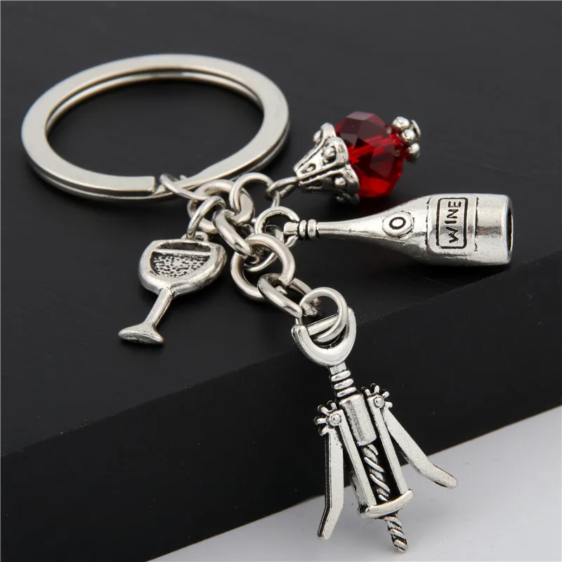 1pc Red Wine Glass Charm Keychain Cheers Jewelry GIfts For Wine Lover Wine Bottle Opener Charm Red Beads Keyring E1674