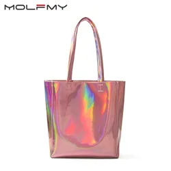 Women Handbag Laser Hologram Leather Shoulder Bag Lady Single Shopping Bags Large Capacity Casual Tote Bolsa Silver sac 2023 New