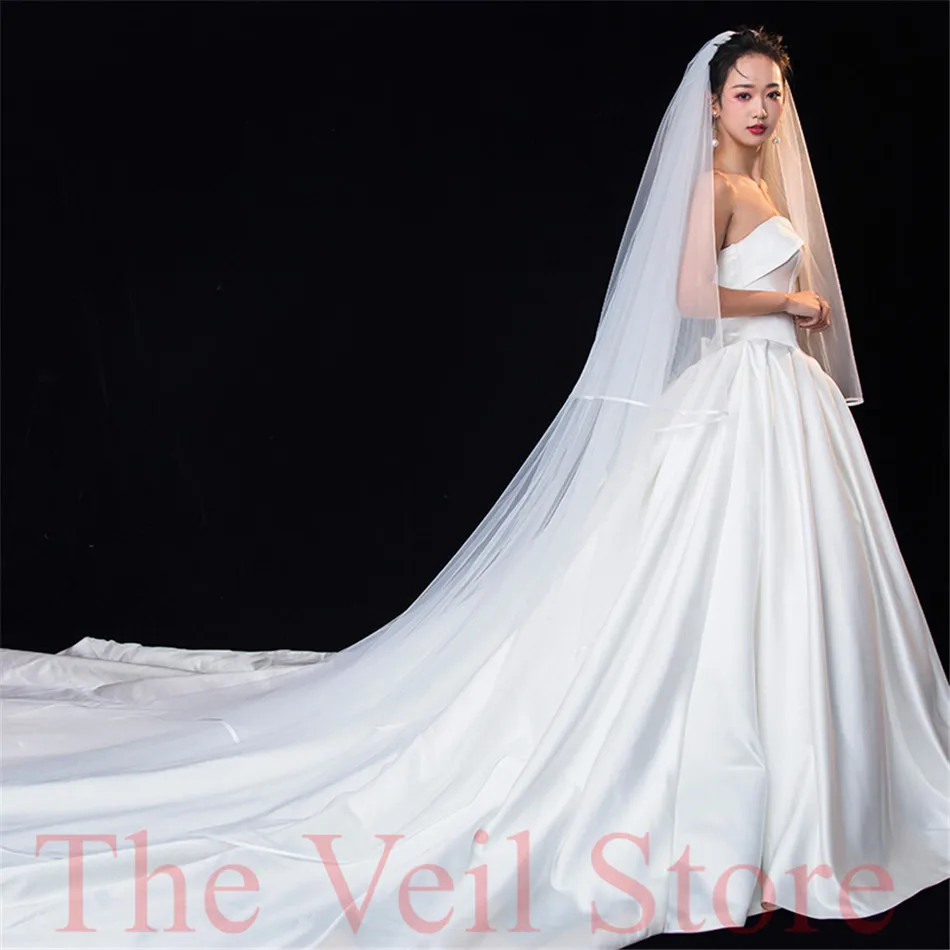 Long Cathedral Bridal weeding Veils 3.5m white Ivory Tulle Veil with comb Satin edge Voiles Mariage velos de novia Satin