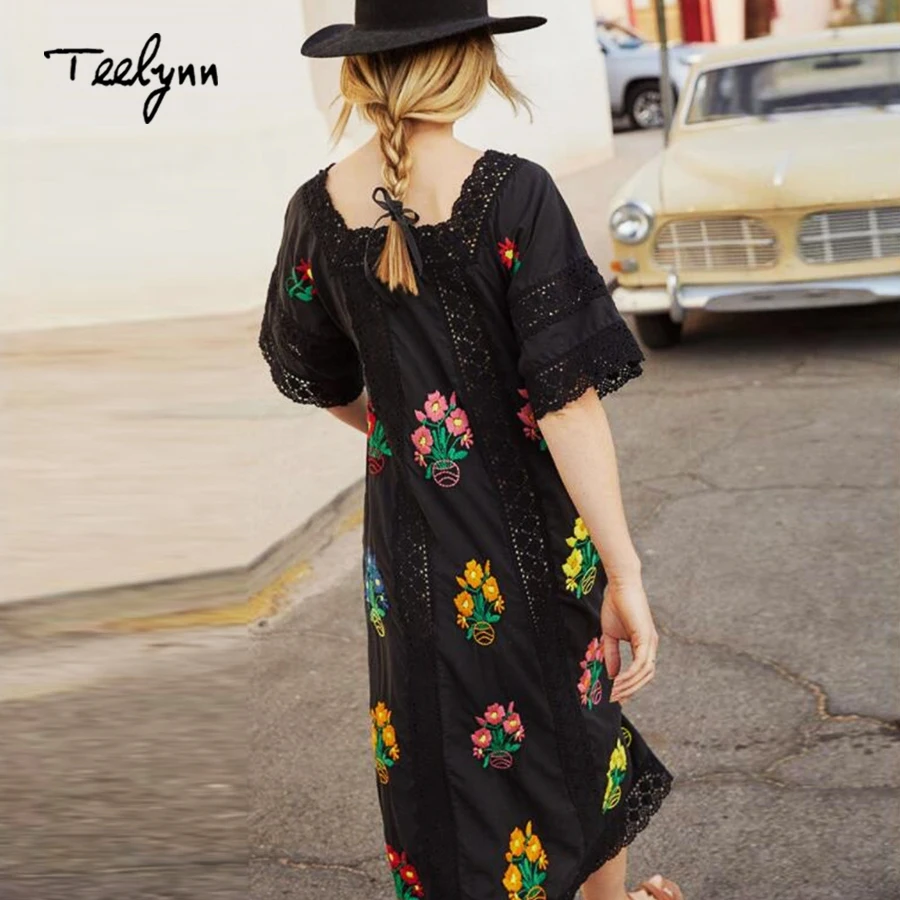 TEELYNN dài Boho Dress 2018 mới Cotton thêu hoa Cổ Vuông Nữ tay ngắn mùa thu áo chia ren nữ váy áo dây