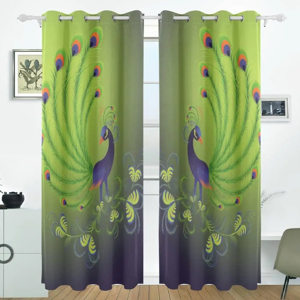 Peacock Feathers Curtains Drapes Panels Darkening Blackout Grommet Room Divider for Patio Window Sliding Glass Door 55x84 Inches