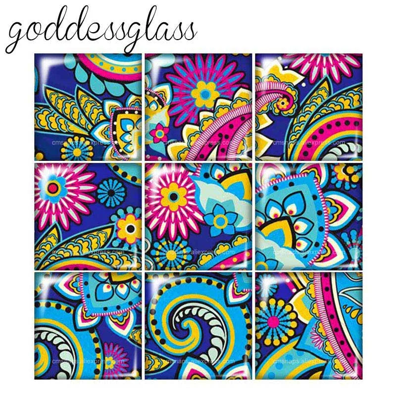 Beauty Colorful flower patterns 10pcs mixed 12mm/20mm/25mm/30mm Square photo glass cabochon demo flat back Making findings