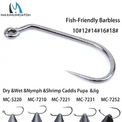 Maximumcatch 100pc Fly Fishing Hook 10#-18# Fish-Friendly Barbless Dry Wet Nymph Shrimp Caddis Pupa Jig Fly Tying Hooks