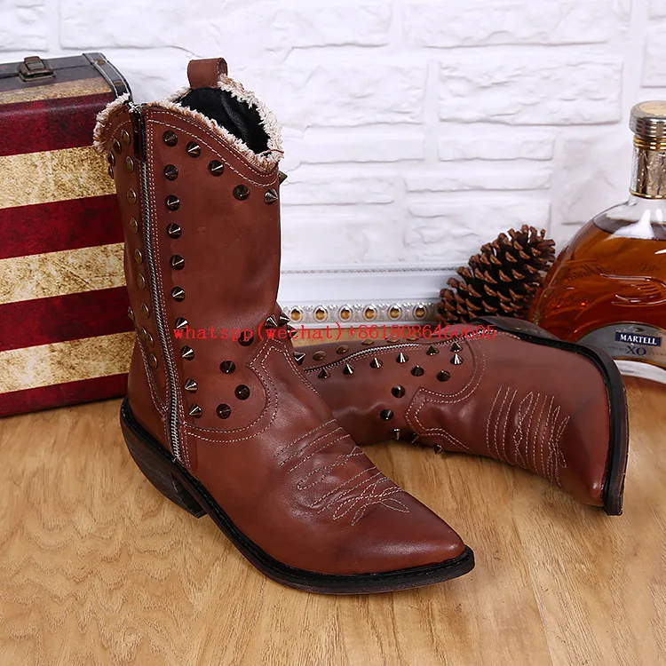 Italian Men Knee High Boots Black Brown High Top Work Studded Cowboy Boots Pointed Toe Rivets Motorcycle Shoes Man