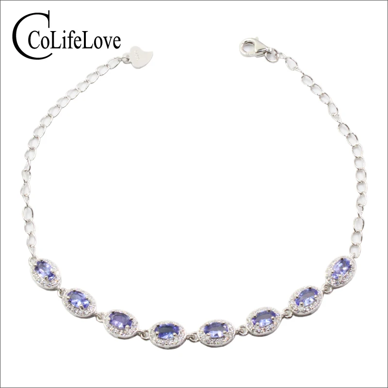 Classic silver tanzanite bracelet for wedding 8pcs 3 mm * 5 mm natural VS grade tanzanite bracelet 925 sterling silver tanzanite