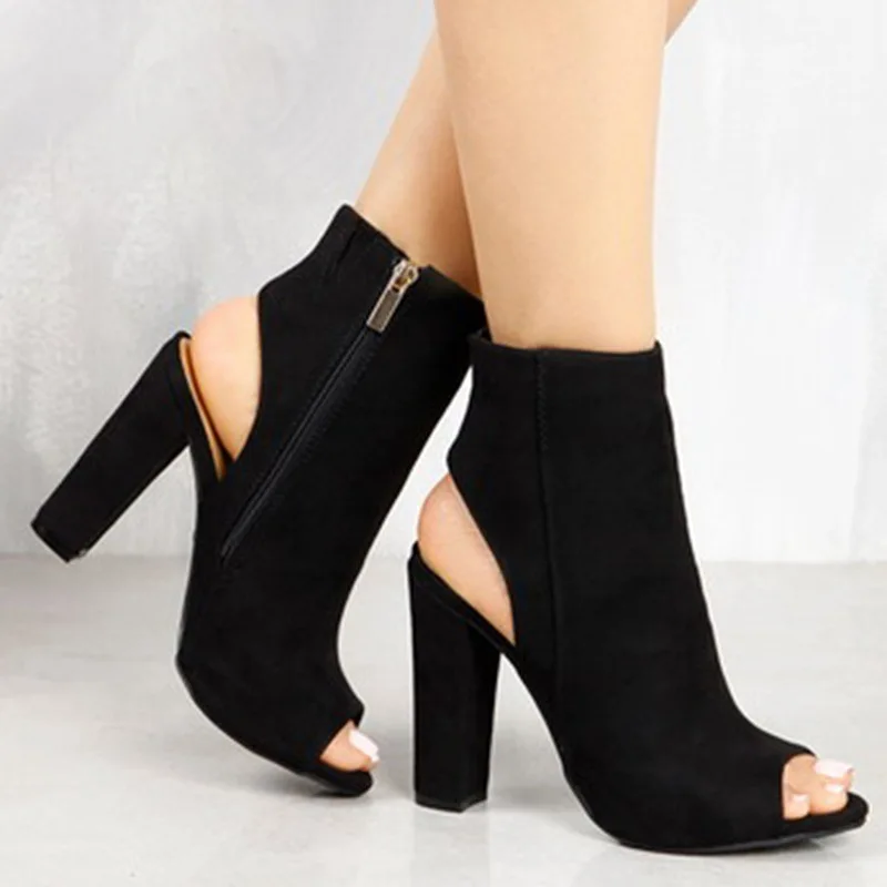 Classic Ankle Boots Faux Suede Leather Casual Open Peep Toe High Heels Zipper Fashion Square Rubber Black Shoes For Women sanda