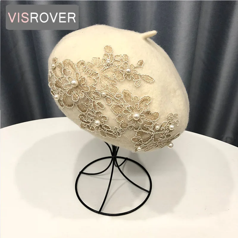 VISROVER winter wool beret with lace and pearls female wool cap winter autumn spring hat solid color top quality Women Boina