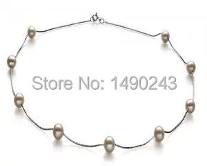 

18" inches 7-8 mm White Natural Freshwater Pearl Silver Chain Tin Cup Necklace