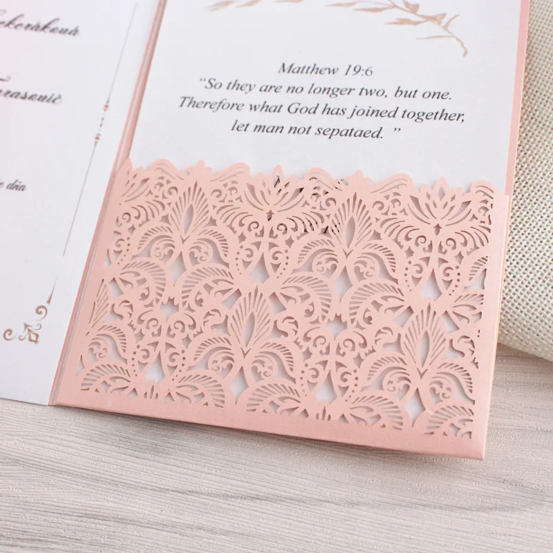 Pink wedding invitation card with envelop RSVP pocket tri-folded floral laser cut free customized printing free ship