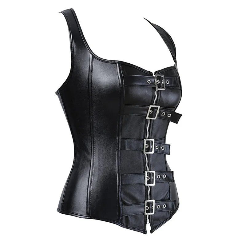 Caudatus Leather Corset Top Woman Zip Leather Corset Buckle Bustier SteamPunk Gothic Studded Corset Corselet Straps Vest Black