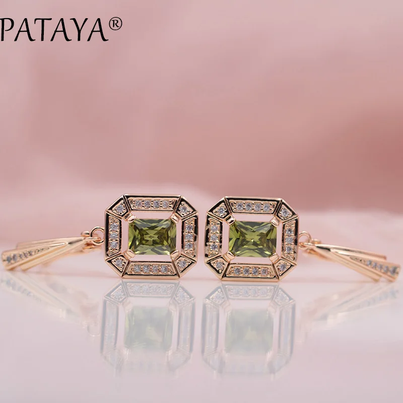 PATAYA New 585 Rose Gold Colors Dangle Earrings For Women Square Natural Zircon Long Earring Fashion Wedding Jewelry