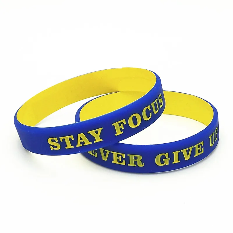 1PC Never Give Up Silicone Bracelets&Bangles Blue Yellow Sporty Never Give Up Stay Focus Rubber Wristbands Men Women Gifts SH298