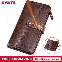 KAVIS Free Engravin Genuine Leather Wallet Men Coin Purse Long Male Clutch Walet Portomonee Man Women Handy Card Holder for Name