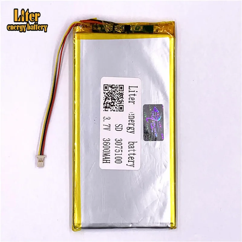 1.0mm 3wire connector 3075100 3600mah 3.7V Rechargeable lipo battery li ion polymer lithium battery tablet pc 7 inch MP4 MP5