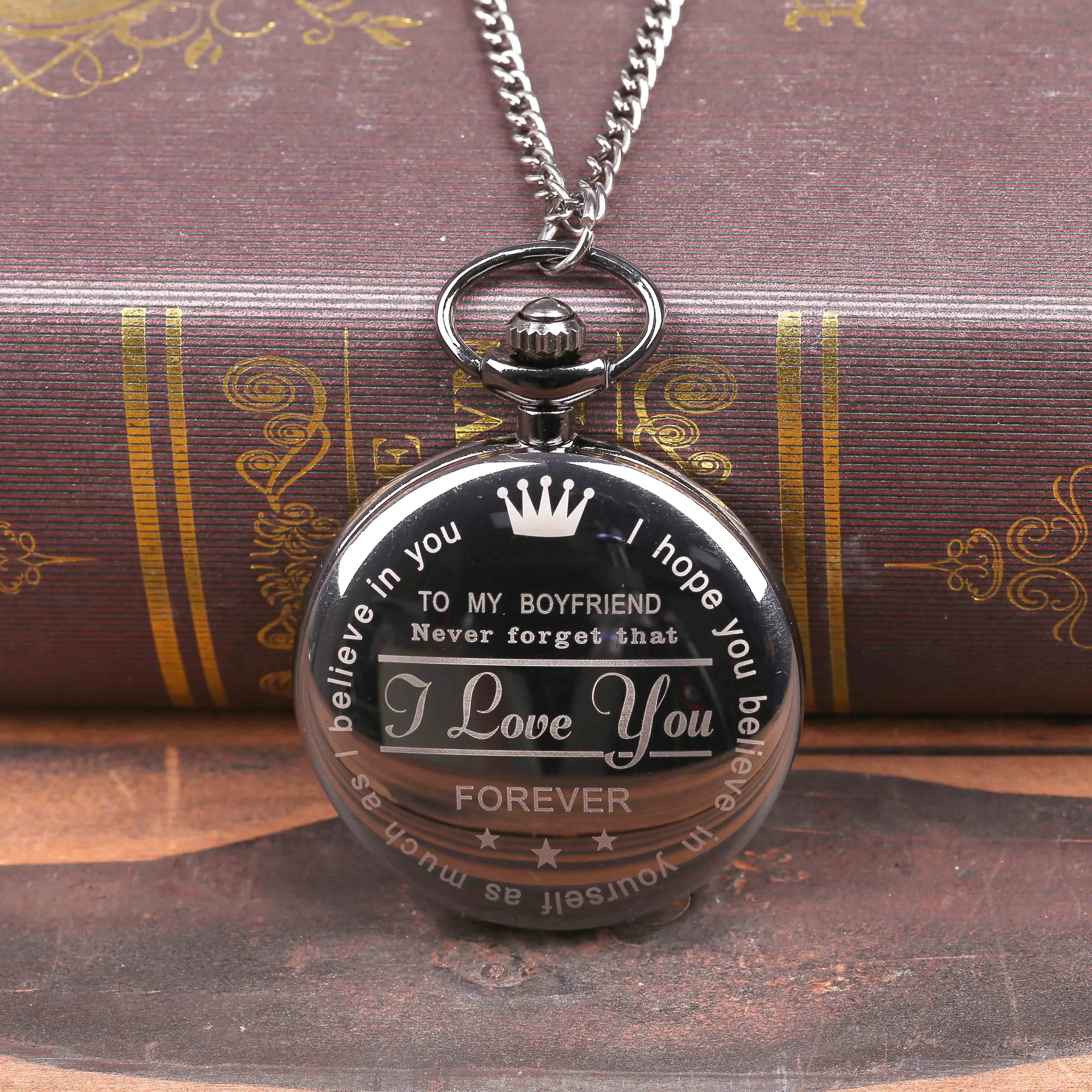 

0 "To My Boyfriend"Retro Bronze Vintage Pocket Watch Necklace Chain Pendant Black Antique Steampunk Men Quartz Watches