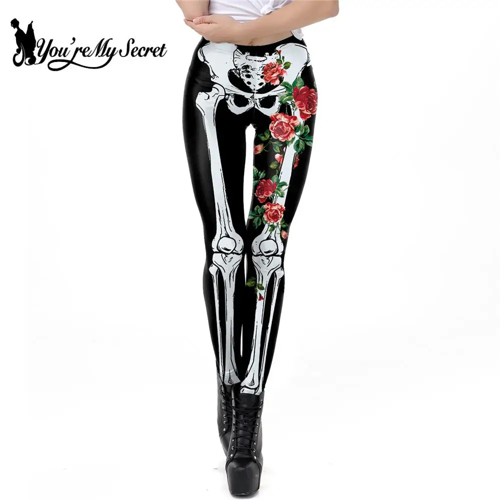 

[You're My Secret] Classic Skeleton Rose Leggings For Women 3D Printing Legging Fashion Halloween Workout Pants Fitness Leggins