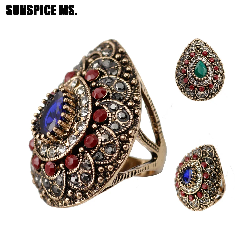 New Bohemia Big Vintage Rings For Women Antique Gold Color Turkey Design Heart Style Ethnic Wedding Natural Stone Rings Jewelry