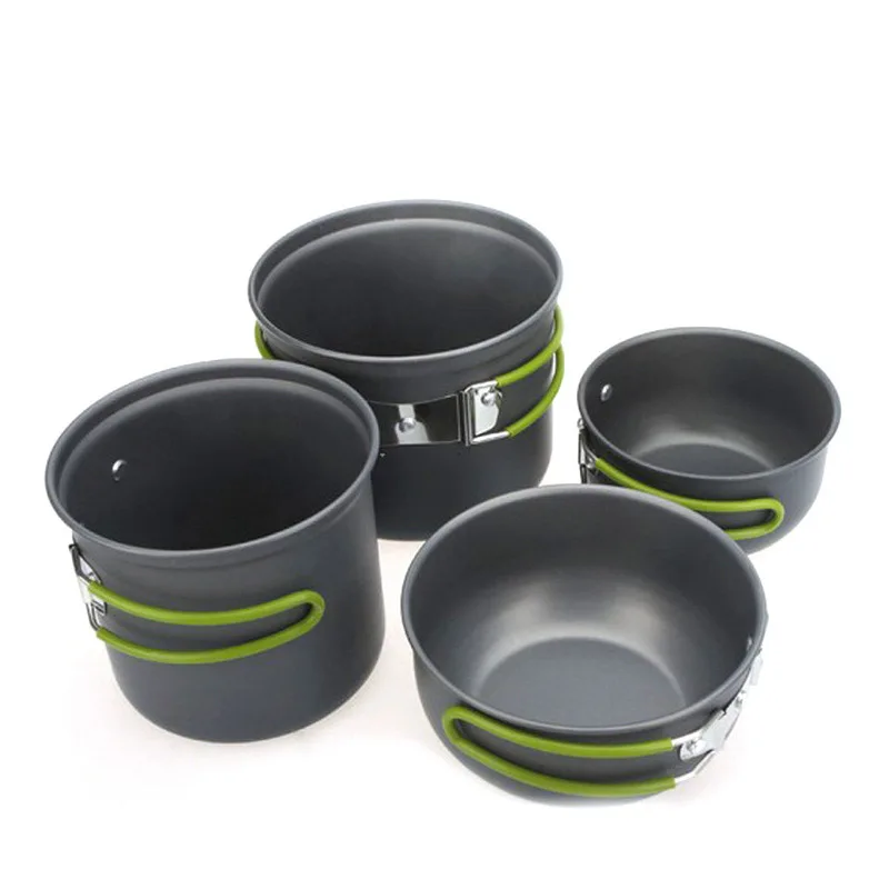 4pcs/Set Outdoor Folding Hiking Camping Backpacking Cooking Picnic Non-Stick Aluminum Cookware Set Pot Bowl