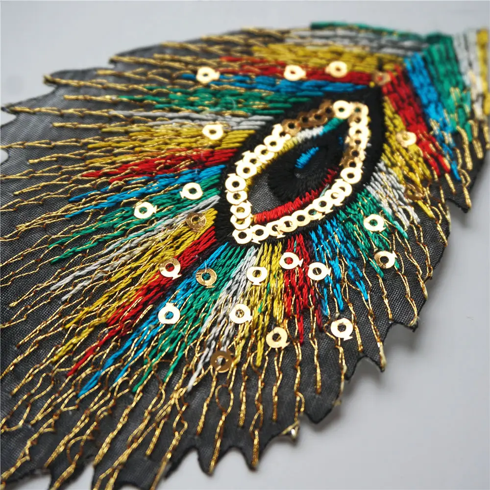 9PCS Rainbow Peacock Feathers Phoenix Sequined Mesh Embroidered Sew Iron On Patches Badges For Dress Shirt DIY Appliques Decor