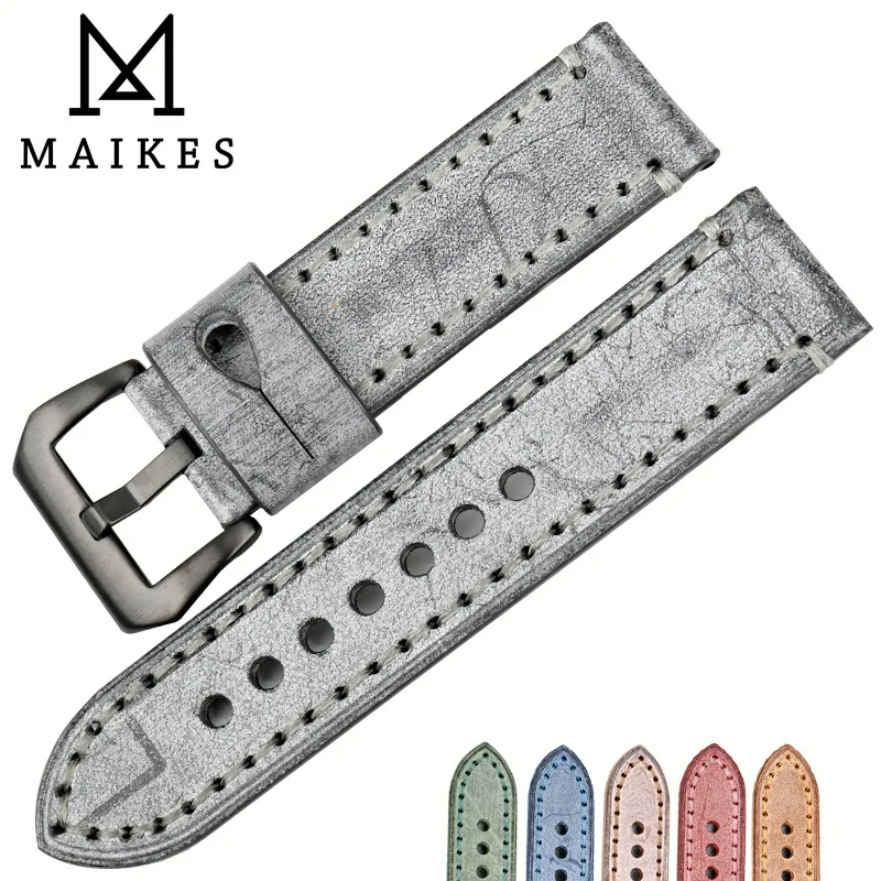 MAIKES Handmade Quality Vintage Bridle Leather Watch Strap 22mm 24mm Watch Accessories Watchband 6 Color Available Watch Band