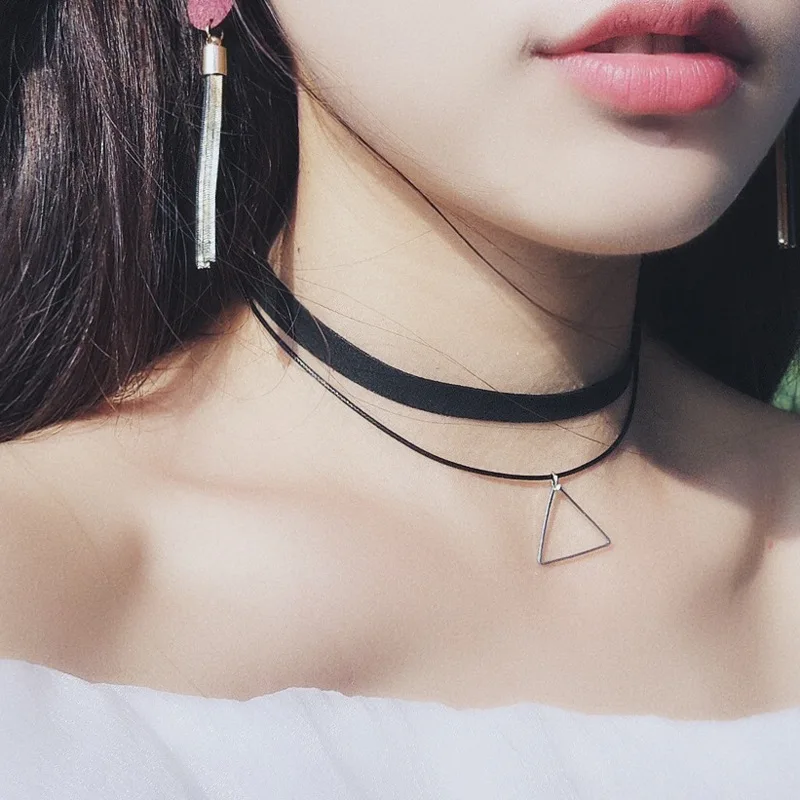 NK757 Hot Collares New Bijoux Gothic Punk Geometric Triangle Pendants Leather Choker Necklace For Women Jewelry Collar Collier