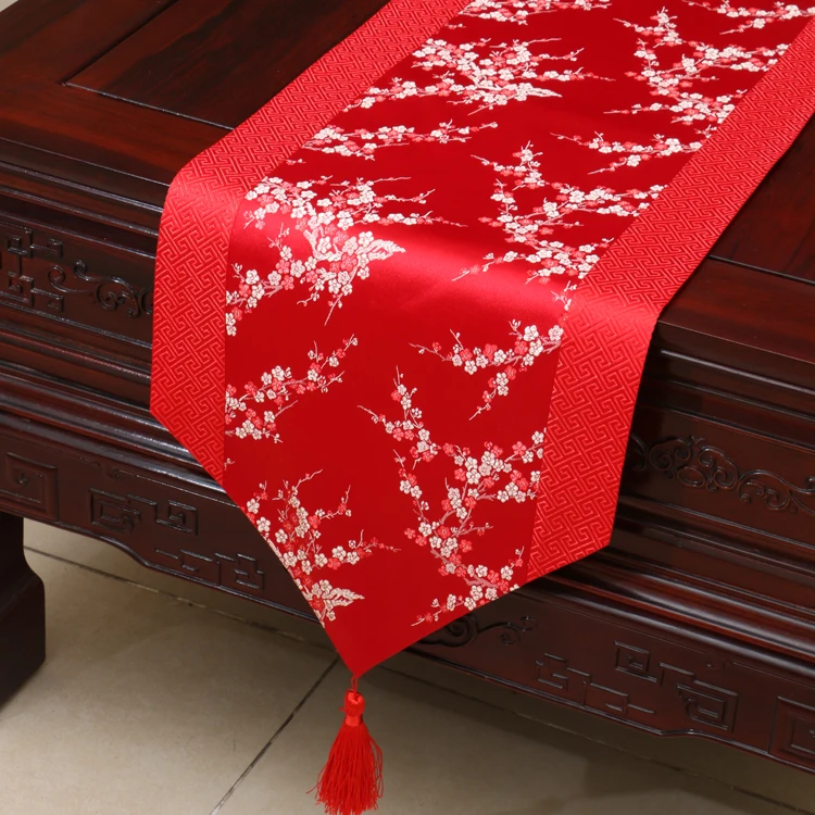 Custom Cherry Blossom Table Runner, Elegant Silk Satin Table Cloth, Dining Table Mat, Tea Pad, Christmas Decorations