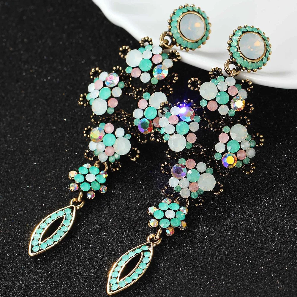 Fashion New  Multi-color Green Opalescence Glass Girl Women\'s New Arrival Brand Sweet Metal With Gems Hoop Stud Long Earrings