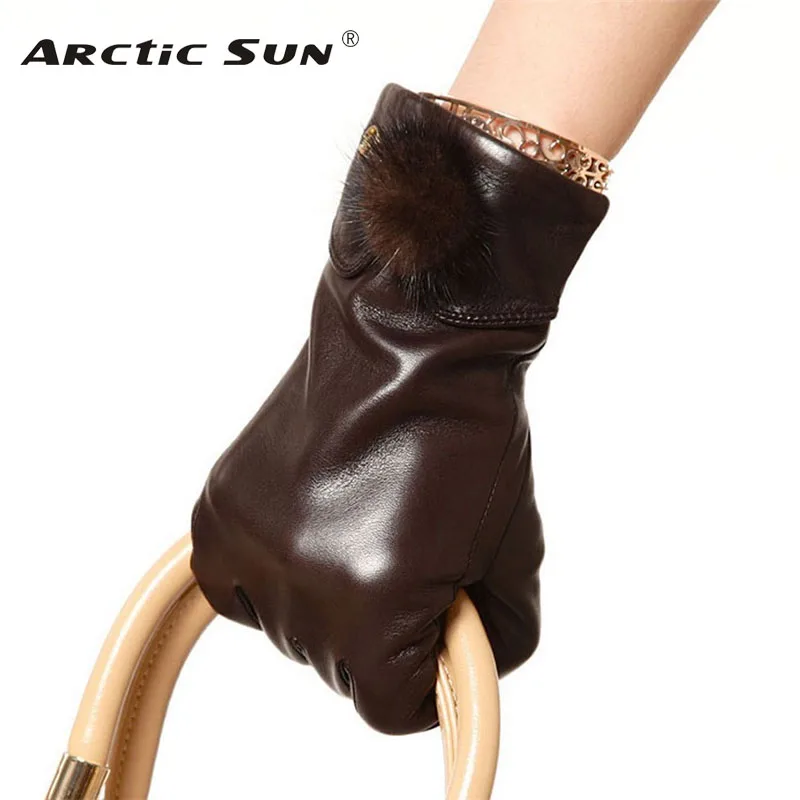 Brand Genuine Leather Gloves High Quality Women Sheepskin Glove Fashion Trend Rabbit Hair Ball Driving Leather Gloves EL029NC