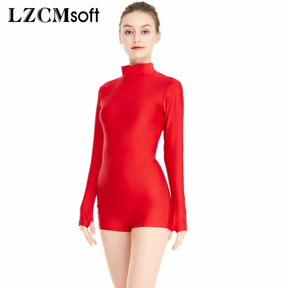 LZCMsoft Adult Mock Neck Biketards with Thumbholes Back Zip Spandex Long Sleeve Short Unitard Women\'s Ballet Dance Leotards