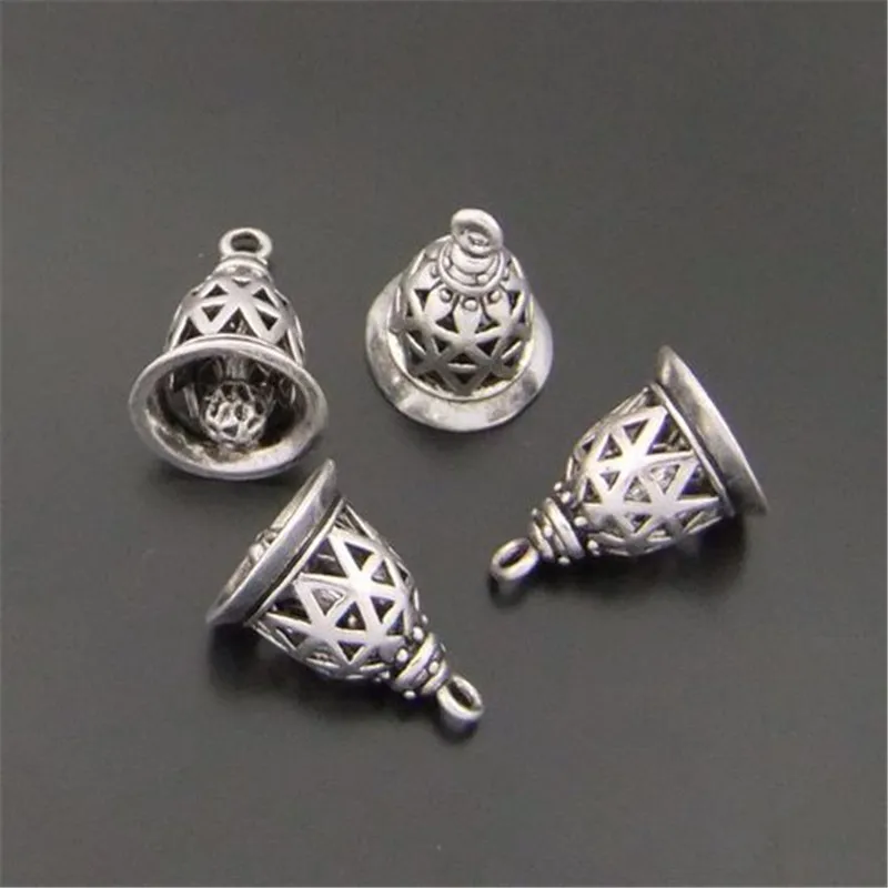 10pcs Whosesale Antique Style Silver Color Bell Charm (no noise) Copper Pendants Bracelet DIY Findings04092