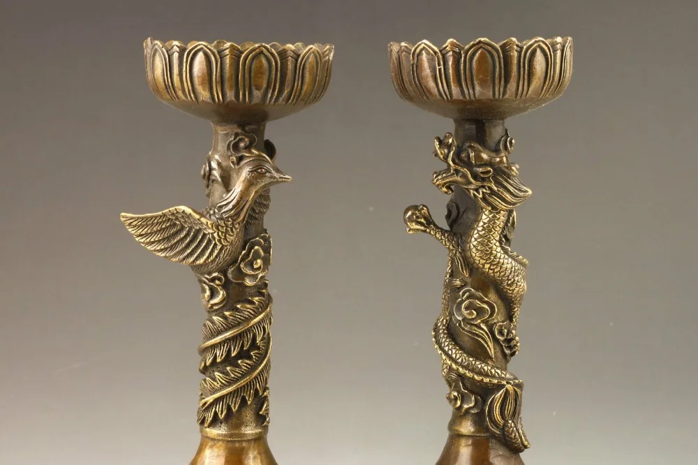 A Pair of Elaborate Chinese Handmade Fine Dragon Phoenix Brass Candlestick