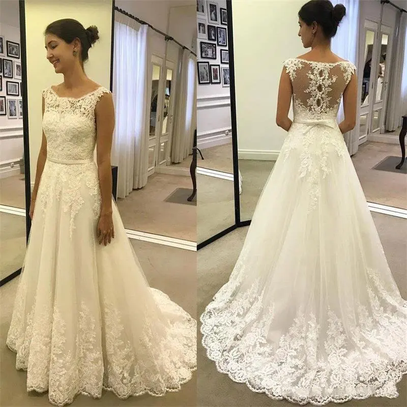 Vestidos de novia largos de corte A Simple, novedad de 2021, cuello redondo hasta el suelo, apliques de encaje con lazo, vestidos de novia formales hechos A medida