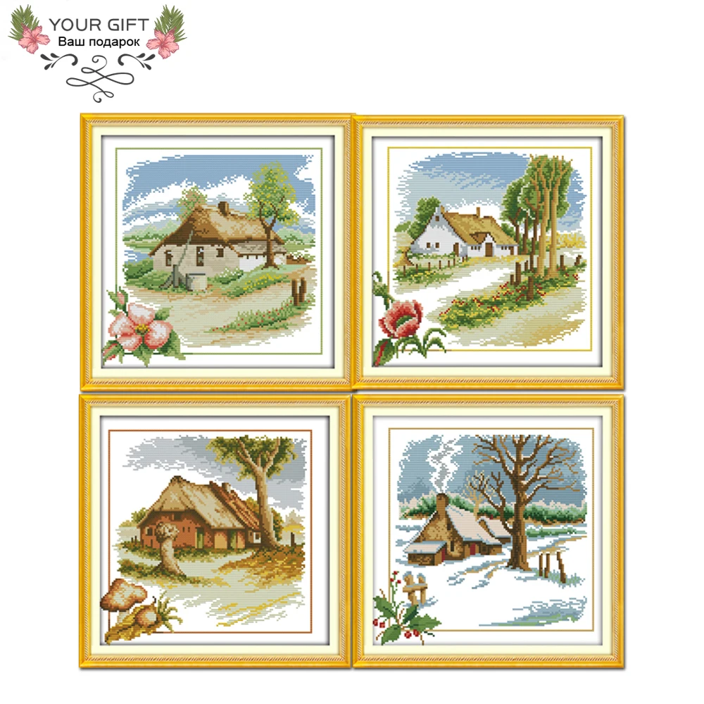 Joy Sunday Rural Cottage, decorazioni per la casa, kit punto croce, primavera, estate, autunno, inverno, F632, F633, F634, F635, 14CT, 11CT