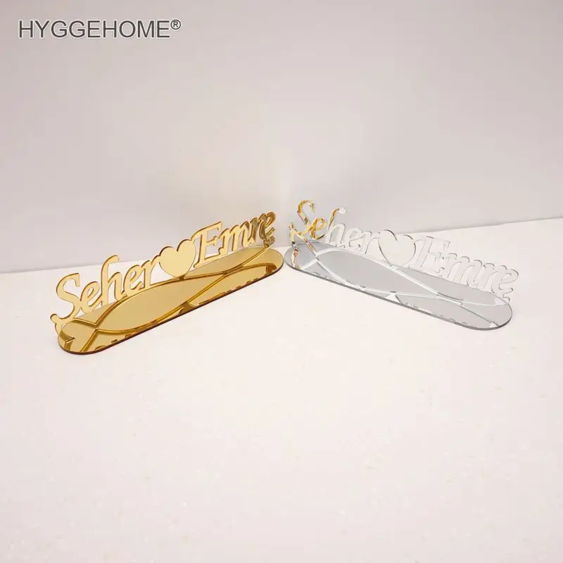 Ornement de bureau personnalisé pour fête de mariage, décoration personnalisée, miroir acrylique mignon, nom du marié et de la mariée, cadeaux pour les jeunes mariés