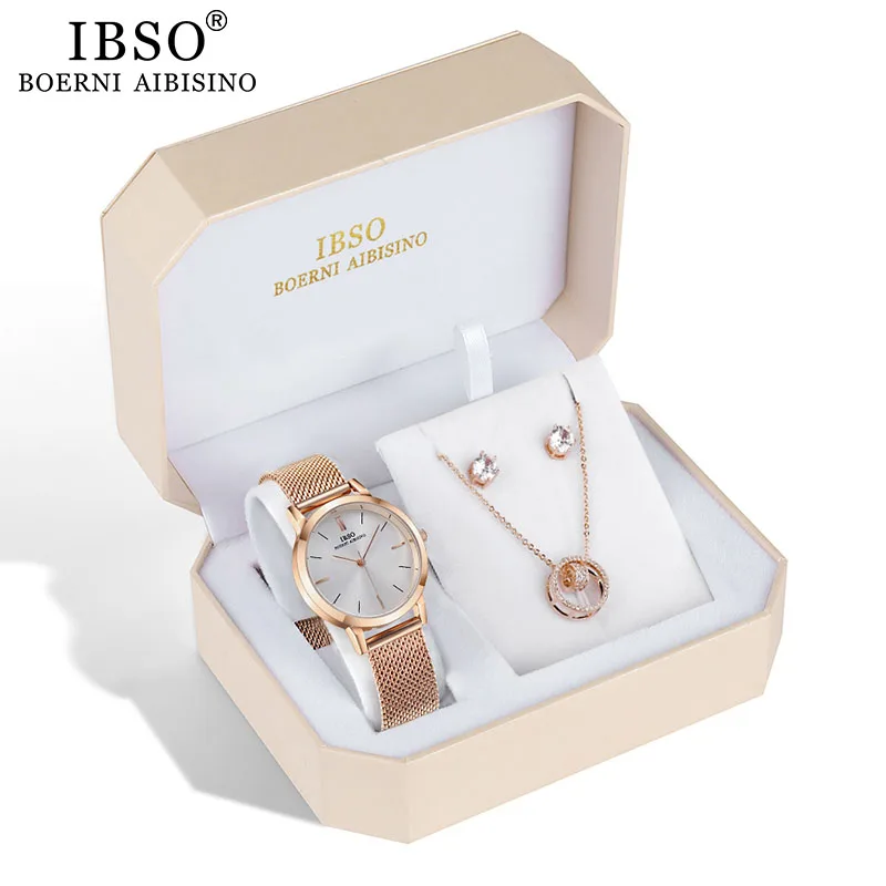 IBSO Brand Women Rose Gold Watch Earring Necklace Set Female Jewelry Set Fashion Creative Crystal Quartz Watch Lady\'s Gift
