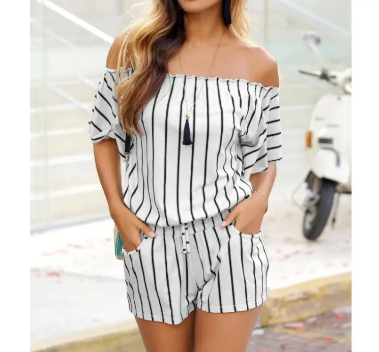 Summer  Slash Neck Beach Playsuits  Women Striped Jumpsuits Girls Sexy Casual Loose Playsuit Overalls with Belts Femininos