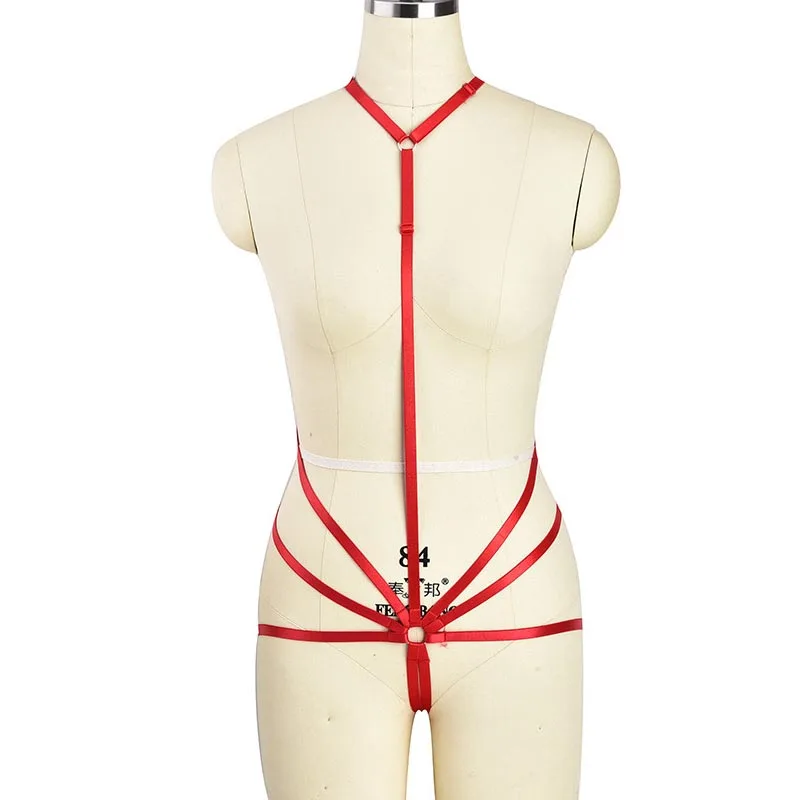 

Harajuku Red Strappy Body Harness Elastic Polyester Sexy Bondage Harness Lingerie Goth Body Cage Suspender Belt FEtish Bodysuit