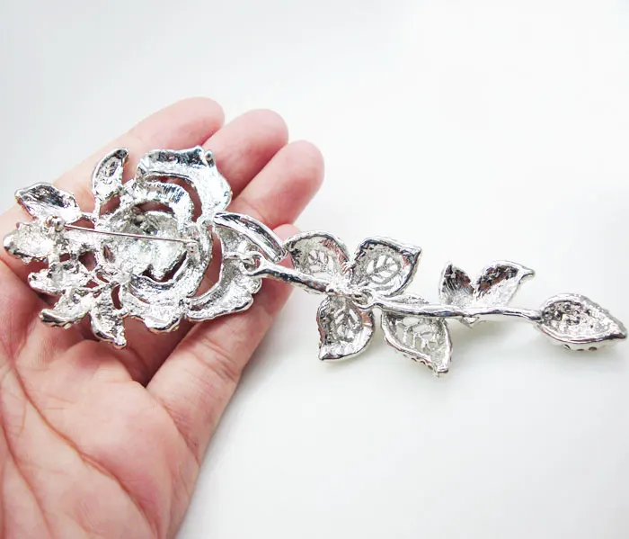 Bride Elegant Clear Rose Flower Brooch Pin Bridesmaid Wedding Rhinestone Crystal