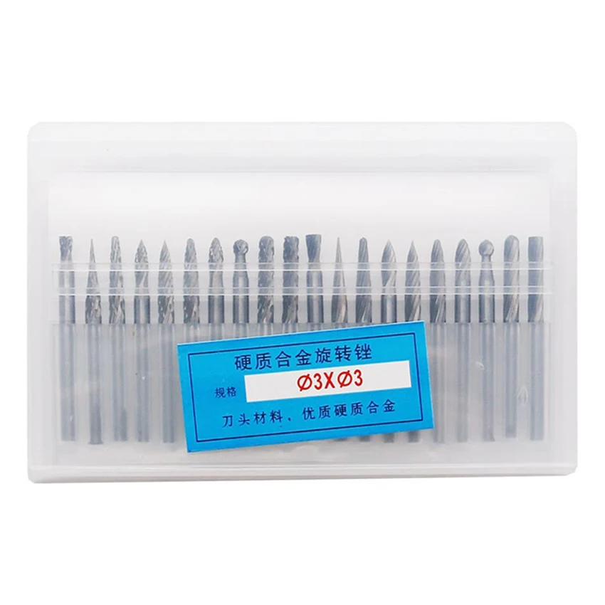 Tungstênio Aço Carboneto Rotary Arquivos, Fresa, Moedor Wind-Mill Acessórios, 3mm Handle, Rebarbação, Moagem Bit, 20pcs por conjunto