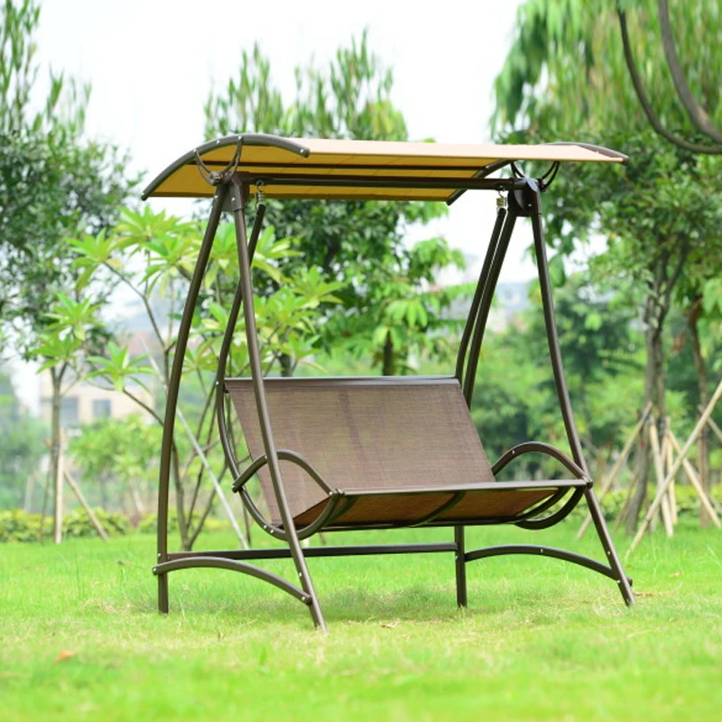 2 seats garden hanging swing chair aluminum iron frame with mesh backyard poolside hammock chair for outdoor indoor Khaki color