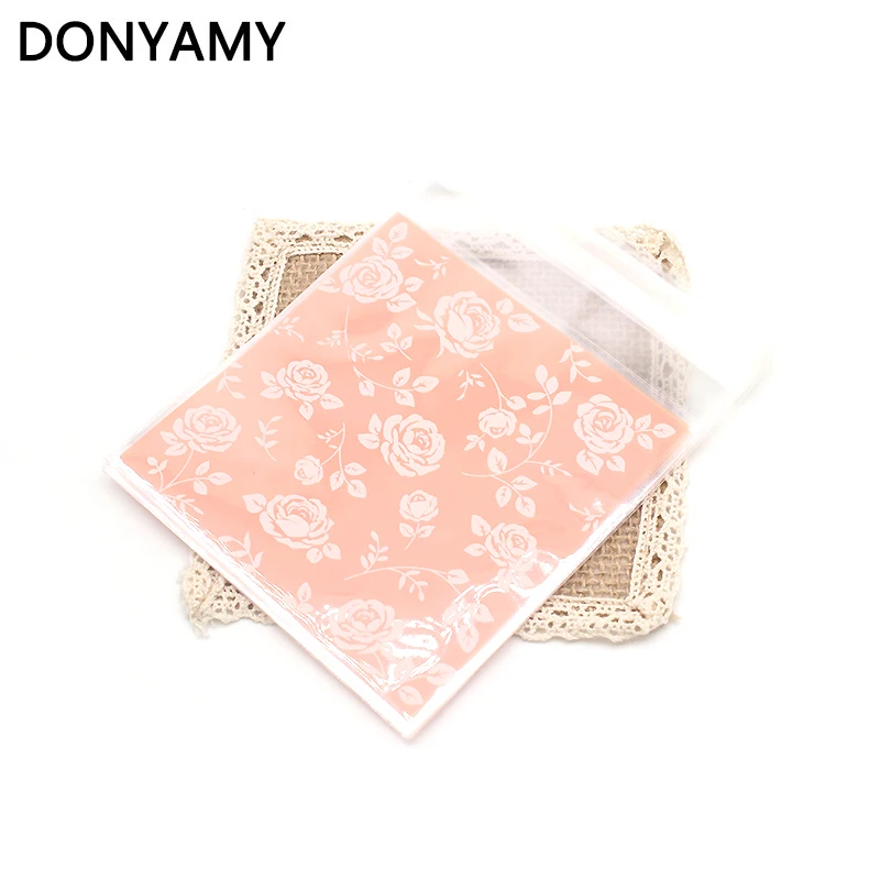 10cm*10cm 50Pcs Pink Rose Flower Cookie Self Adhesive Plastic Packing Bags Biscuit Cupcake Baked Food Package Pouches