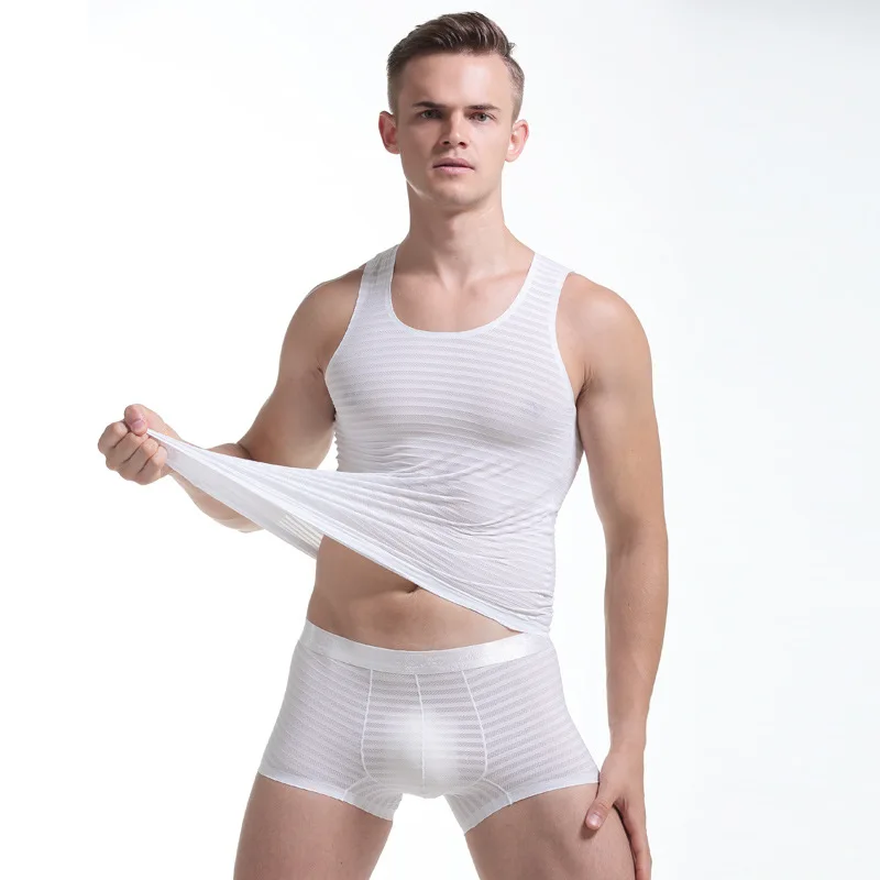 

New High Quality Tank tops sets Men High Elastic Thin Ice Silk Trackless Underskirt and Boxer sets Super Strench t-shirts 518