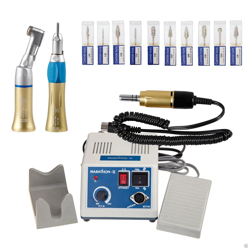 

Dental lab Marathon 35K rpm Electric Micromotor Machine+Low Speed Contra Straight Handpieces +10pcs Carbide Drill Bur Gold Color