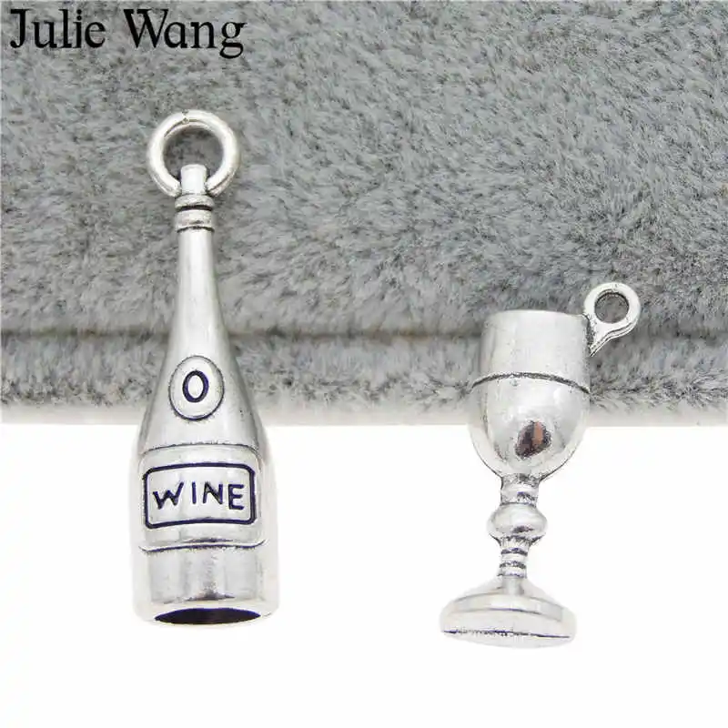 Julie Wang 12PCS Wine Bottle Goblet Charms Alloy Antique Silver Color Earrings Bracelet Jewelry Making Pendant Metal Accessory