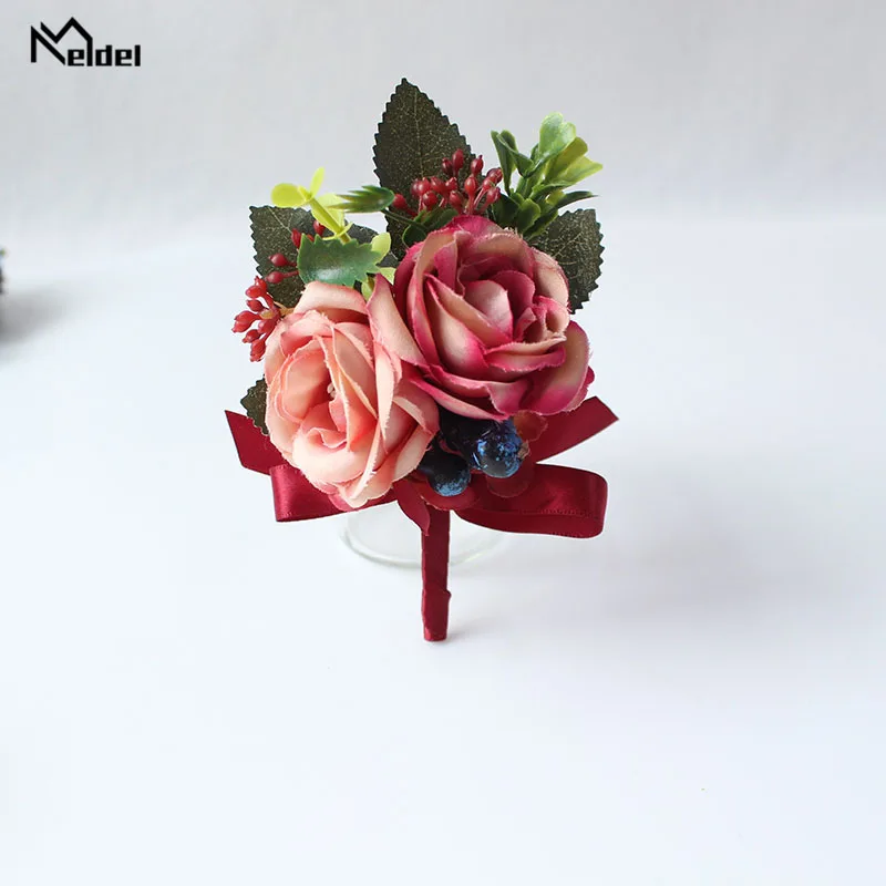 Meldel Corsage เจ้าบ่าว Boutonniere PIN เจ้าสาวสายรัดข้อมือ Blue Burgundy เพื่อนเจ้าสาว Rose ดอกไม้สร้อยข้อมืออุปกรณ์จัดงานแต่งงาน