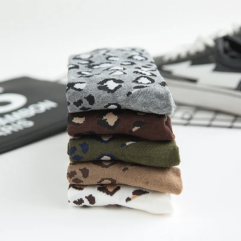 10Pcs=5Pairs/Lot Leopard Print Socks Women Autumn Winter Korean Warm Pure Cotton Socks Set Streetwear Mid-Tube Socks Chaussettes