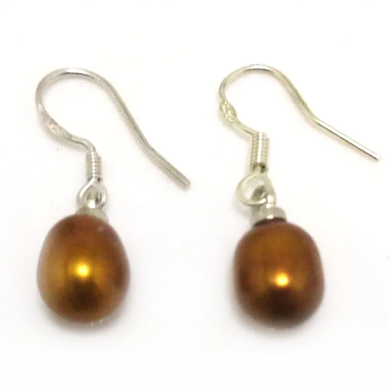 Wholesale 7-8mm Coffee Natural Rainrdrop Freshwater Pearl 925 Silver Hook Earring